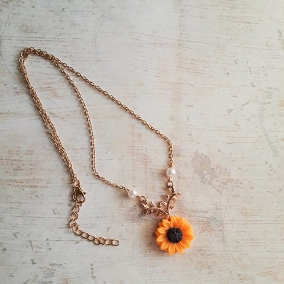 Dainty Gold Chain Pearl Vine Bright Yellow Sunflower Pendant Necklace - Picture 4 of 12